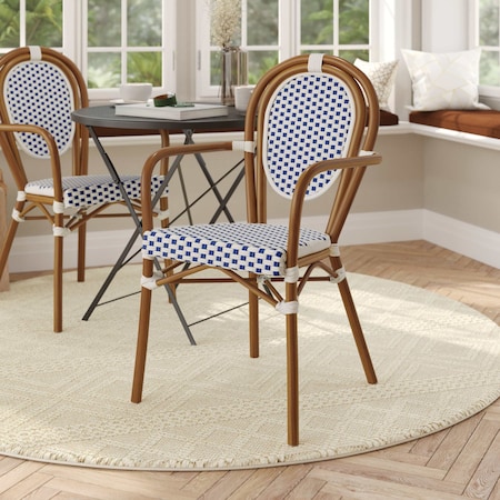 Flash Furniture Lourdes Thonet French Bistro Stacking Chair w/Arms, White/Navy PE Rattan/Bamboo Print Alum Frame SDA-AD642002A-WHNVY-NAT-GG